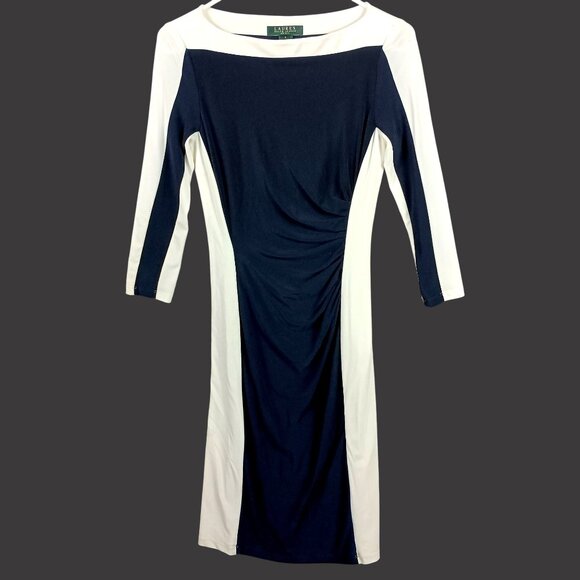 Lauren Ralph Lauren Ruched Sheath Dress Knee Length Colorblocked Blue White 2 - Picture 1 of 6